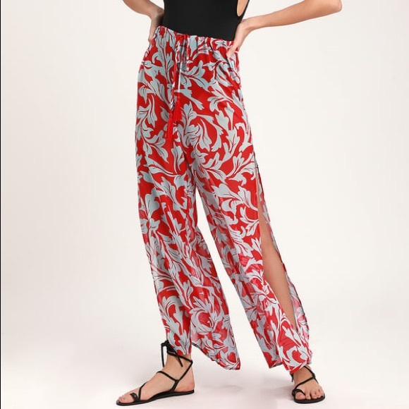 Lulus Other - Red & Light Blue Floral Print Swim Cover-Up Pants